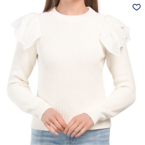 LILLA P Eyelet Ruffle Shoulder Trimmed Crew Neck Ribbed Sweater White Size L - Picture 4 of 11